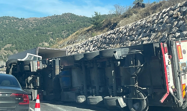 Paket tavuk yüklü tır devrildi, sürücüsü yaralandı